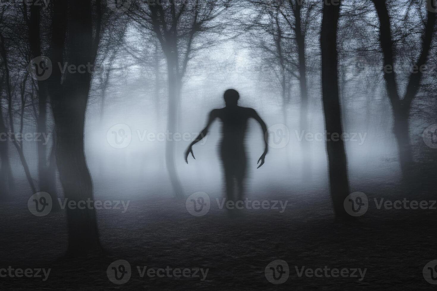 Eerie Figure Walking in Dark Foggy Forest with Long Fingers photo