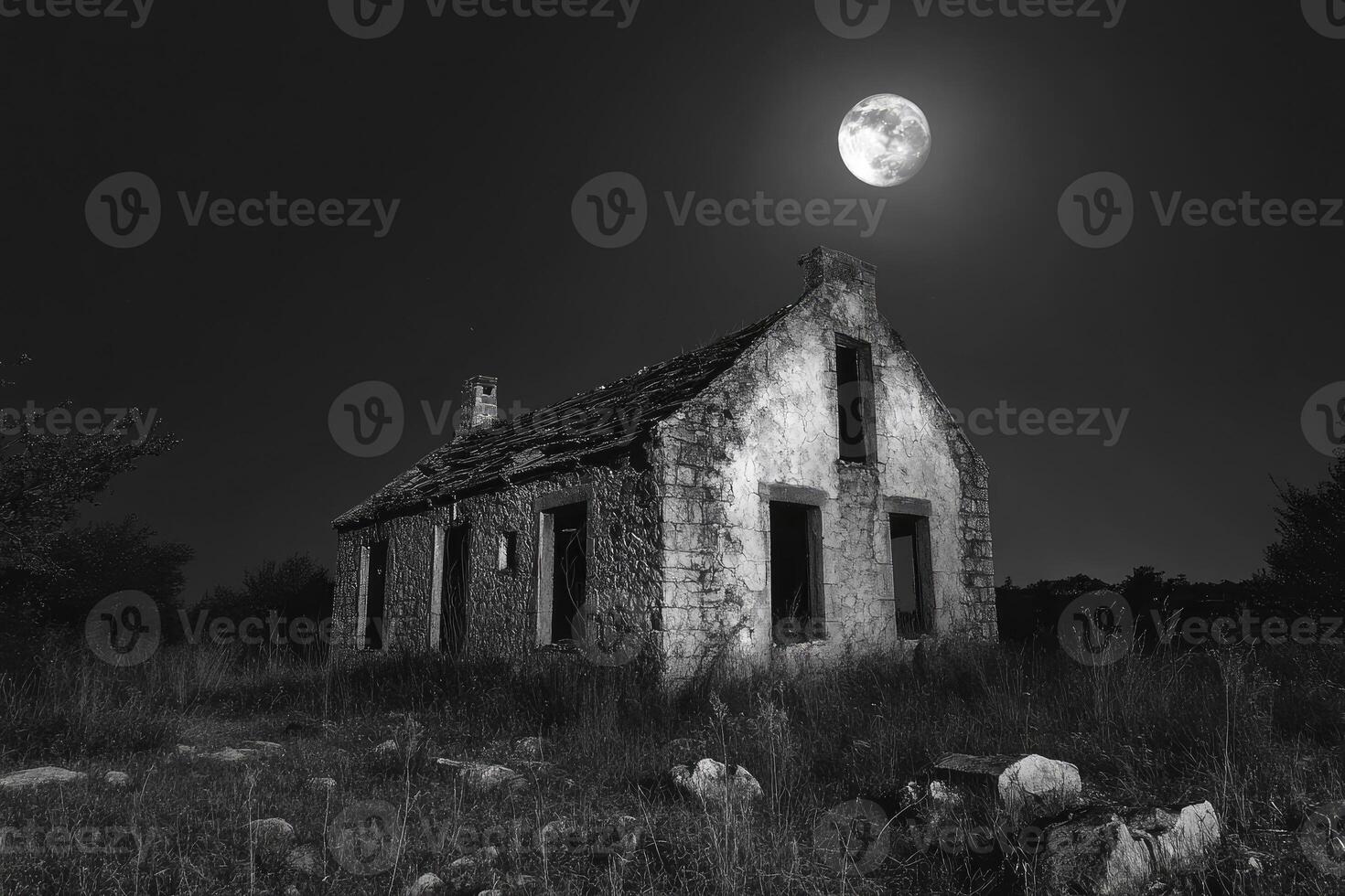 Old Abandoned House Under Moonlight Black and White Eerie Landscape photo
