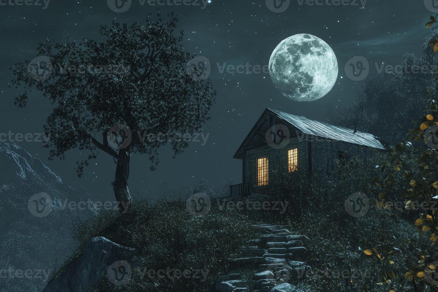 Cabin on Hillside Under Full Moon at Night with Starry Sky photo