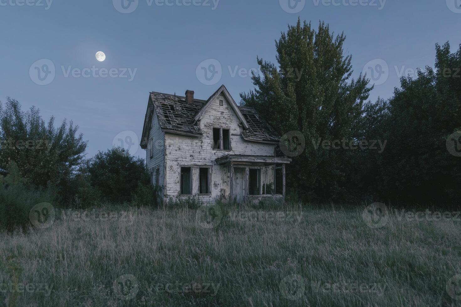 Abandoned House in Field at Night with Moon for Spooky Theme photo