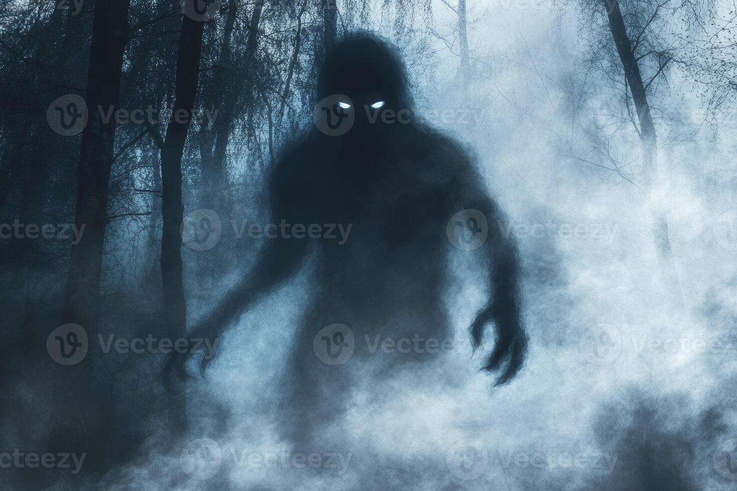 Mysterious Shadow Creature Appears in Foggy Forest with Glowing Eyes photo