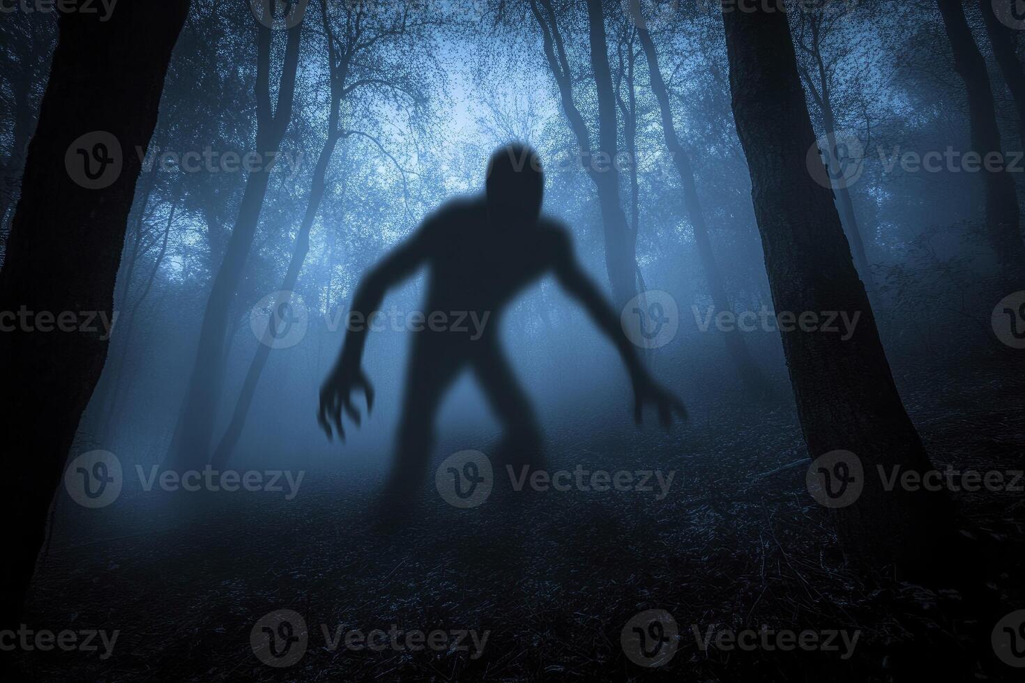 Silhouette of Monster in Foggy Forest Horror Scene for Halloween photo