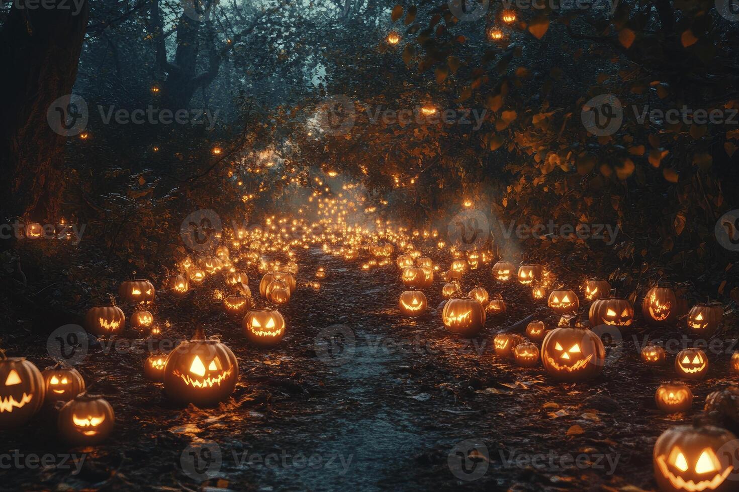 Glowing Halloween Pumpkin Path in Forest at Night Spooky Season photo