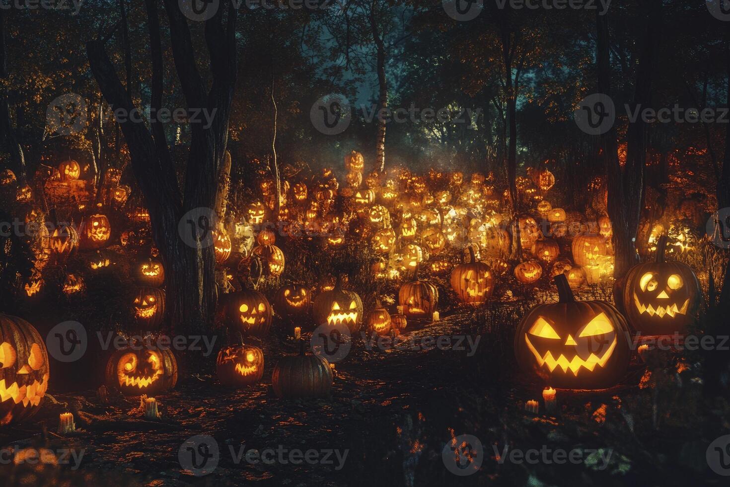 Illuminated Carved Pumpkin Display in Forest for Spooky Halloween Night photo