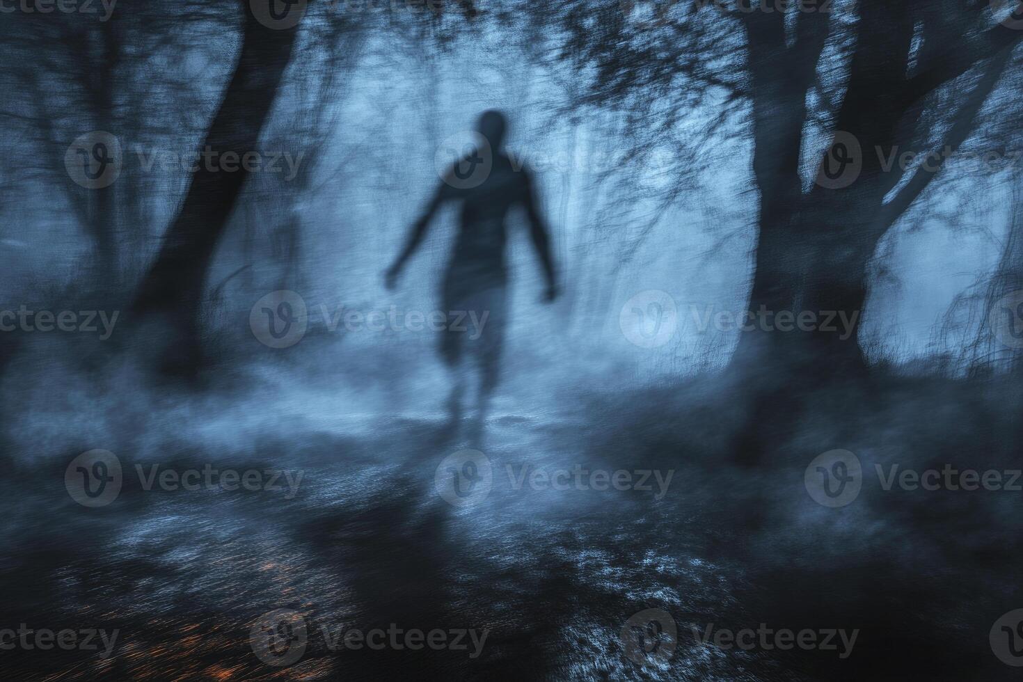 Person Walking Through Misty Woods Creating an Eerie and Mysterious Scene photo