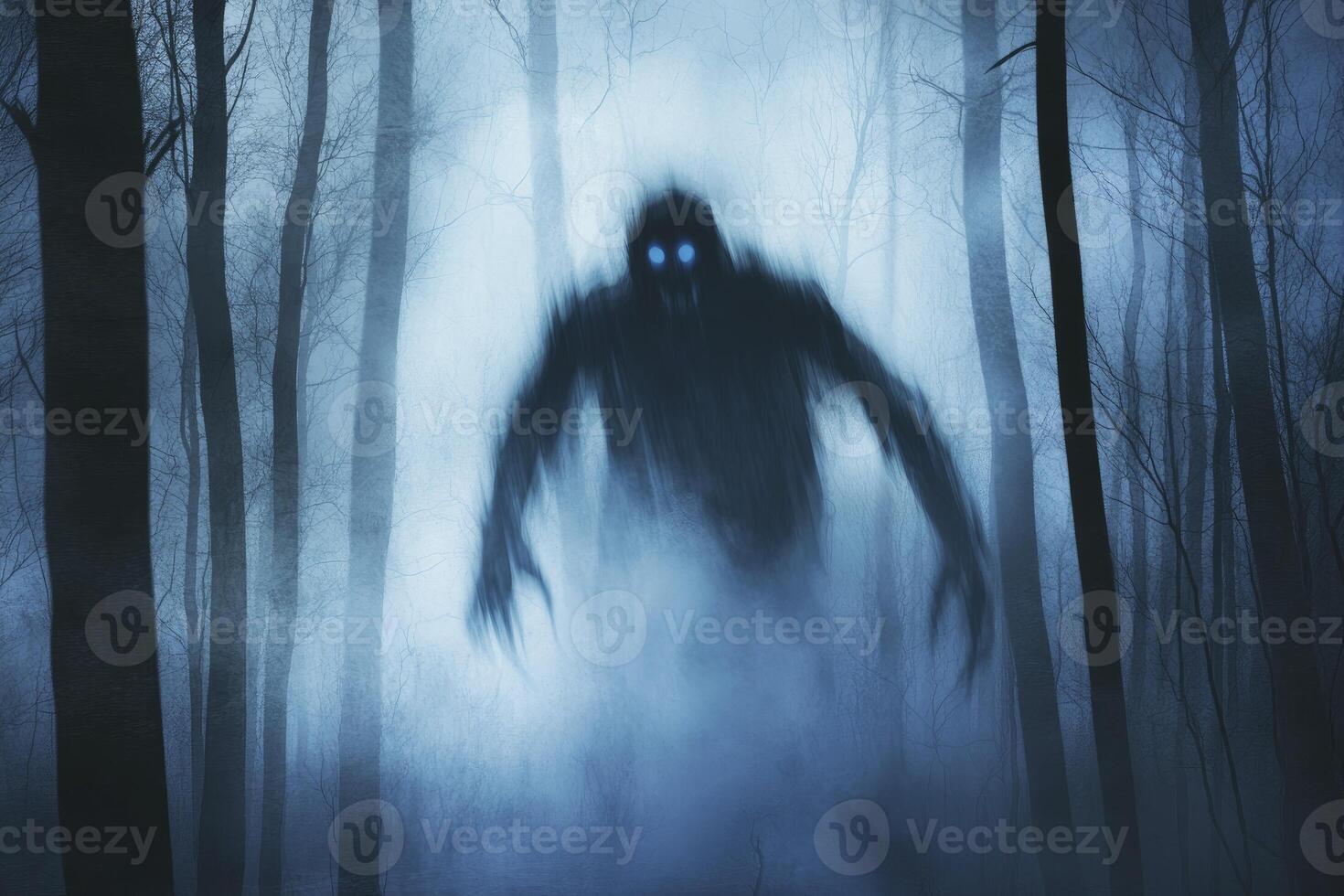 Spooky Figure Emerging From Misty Forest with Glowing Eyes photo