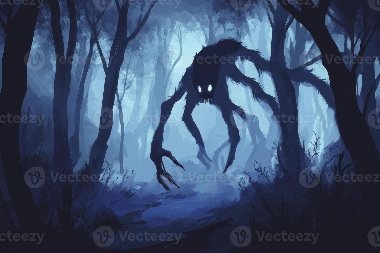 Monster in Dark Forest with Glowing Eyes Threatening Adventure Concept Art photo
