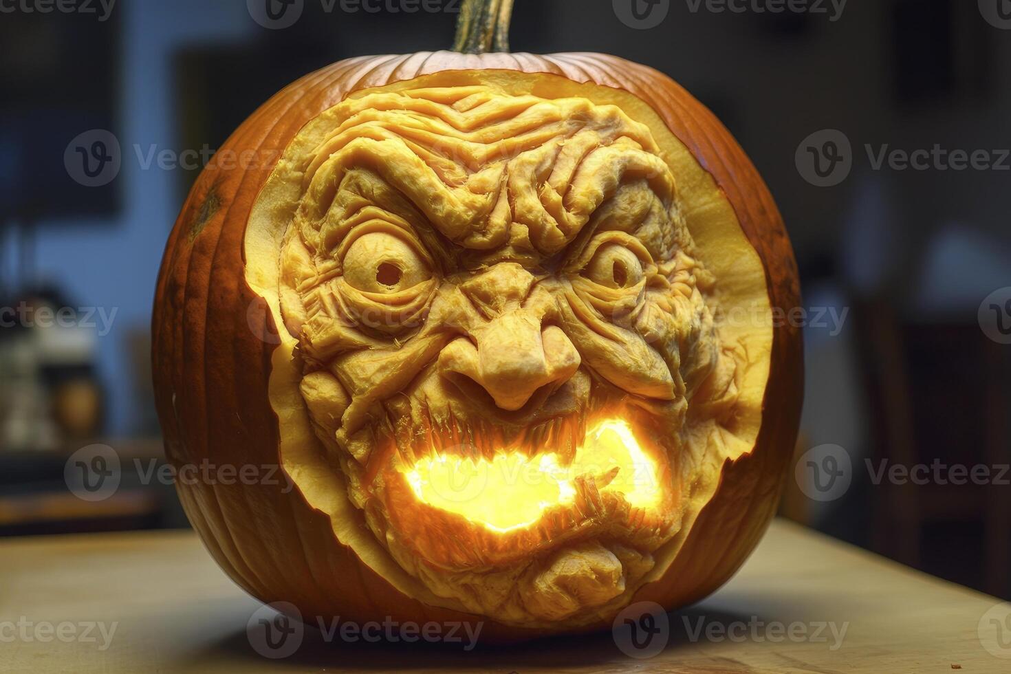 Carved Pumpkin with Frightening Face for Halloween Decoration and Celebration photo