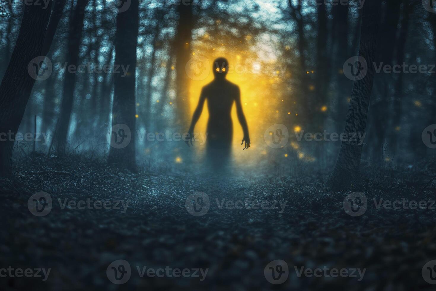 Silhouette in Dark Forest with Glowing Eyes and Spooky Mist photo