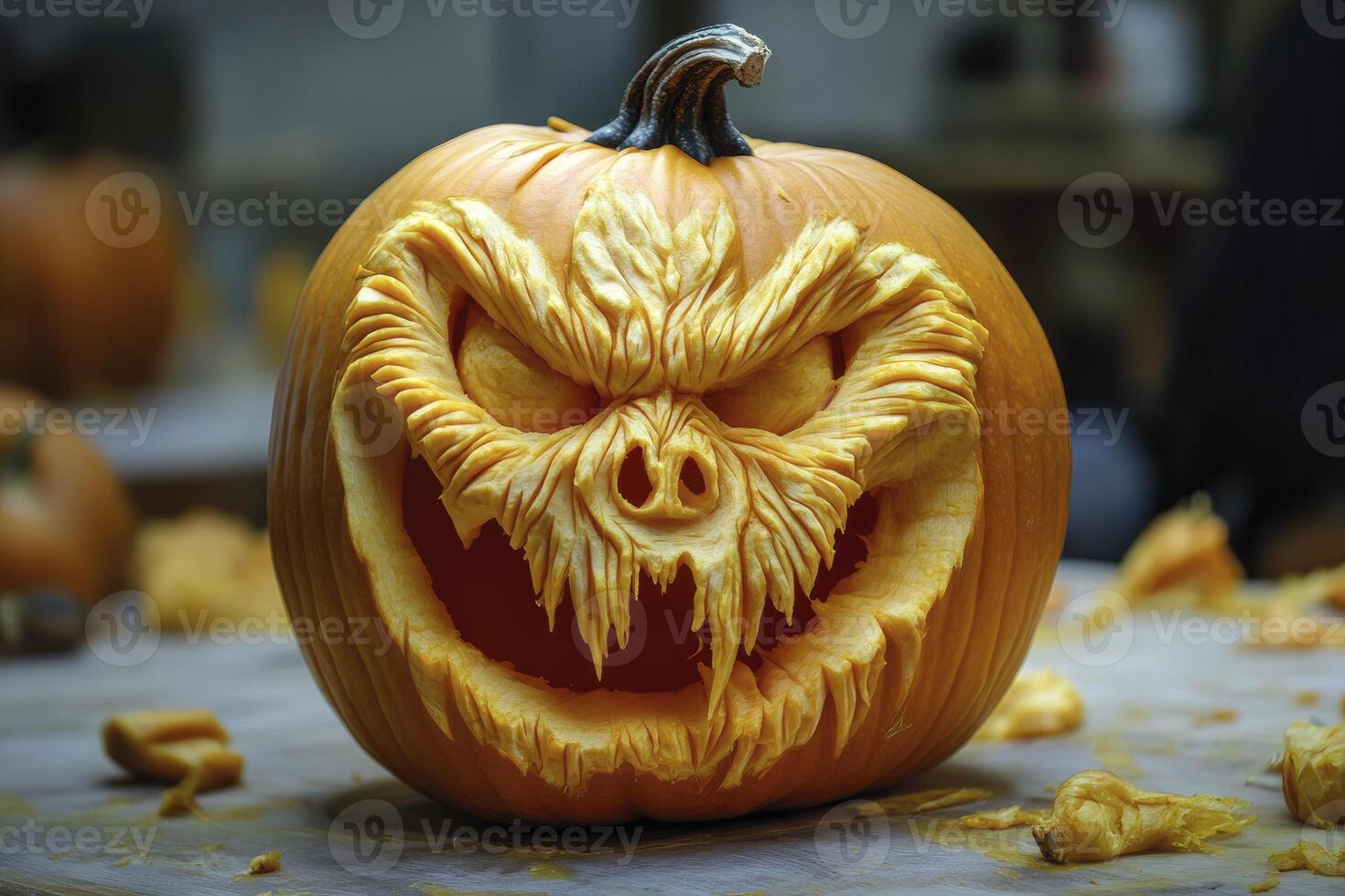Carved Halloween Pumpkin with Intricate Face Design for Holiday Celebration photo