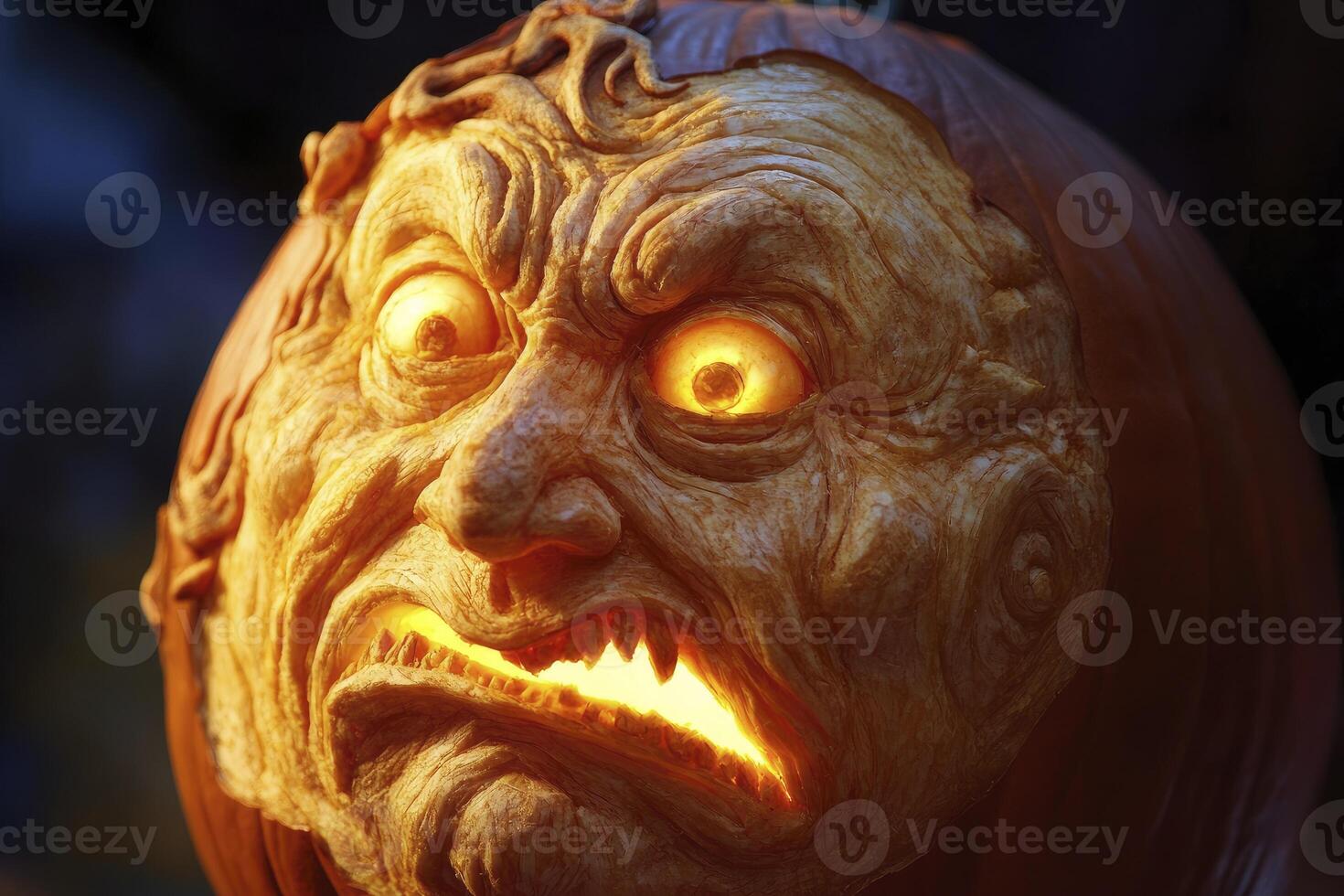 Carved Pumpkin with Angry Face Glowing Creepily for Halloween photo
