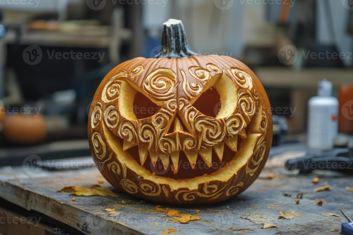 Carved Halloween Pumpkin with Intricate Design on Wooden Table Indoors photo