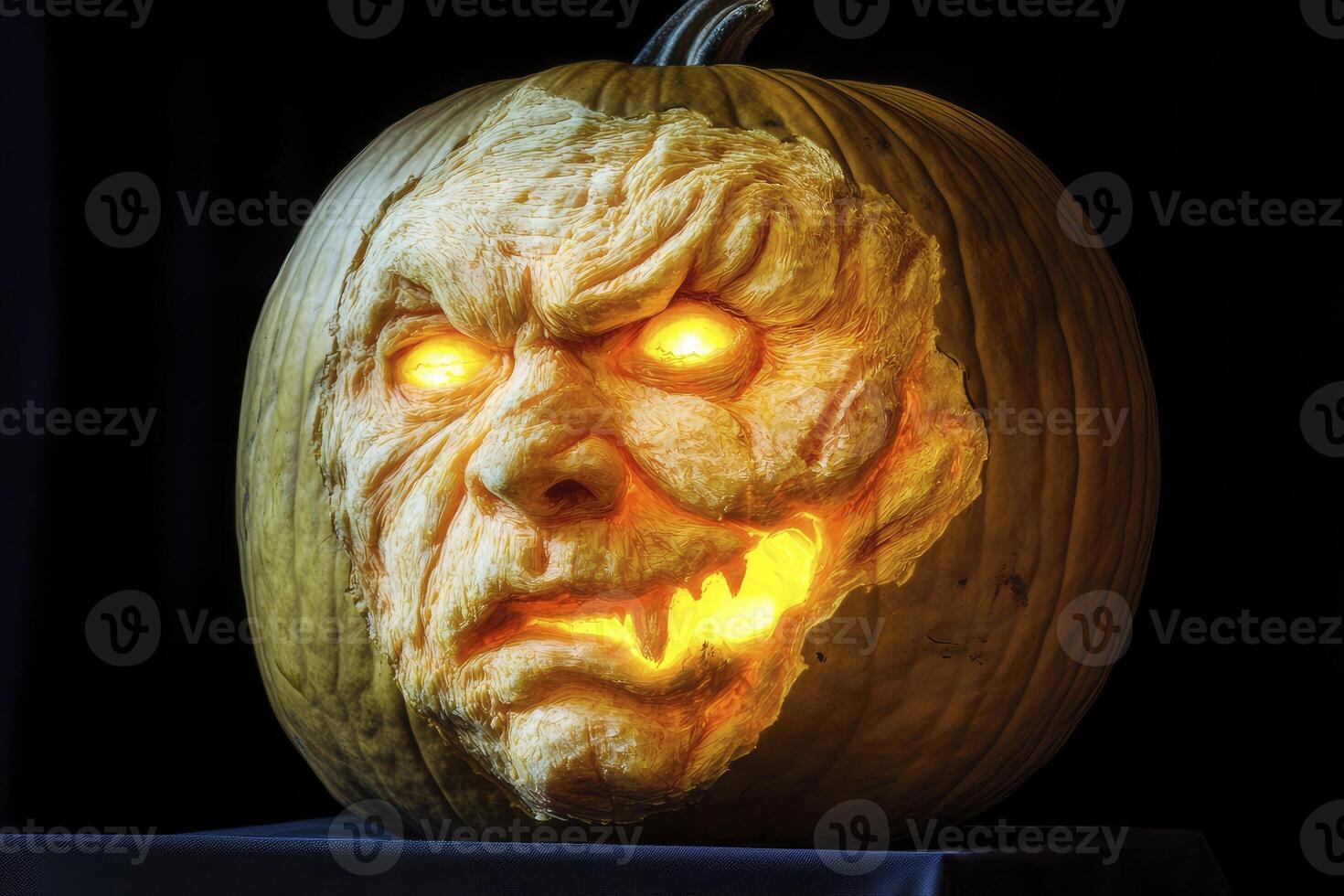A carved pumpkin with glowing eyes photo
