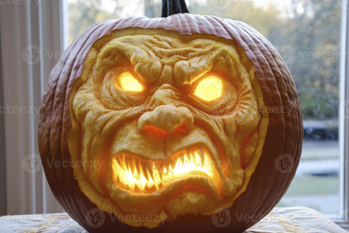 Carved Halloween Pumpkin with Scary Face and Glowing Eyes Decoration photo