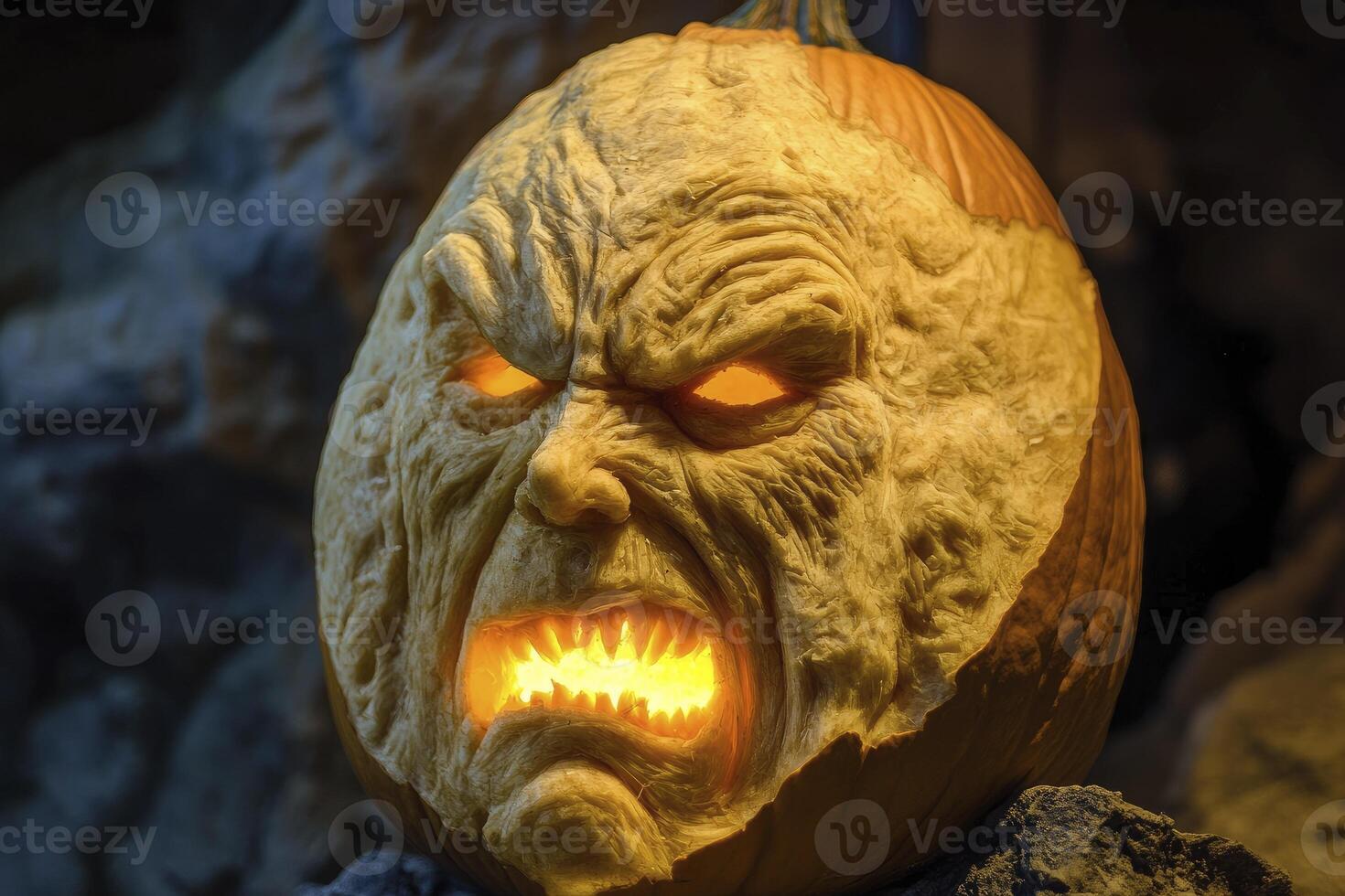 Scary Halloween Pumpkin Carving with Glowing Face and Fangs photo