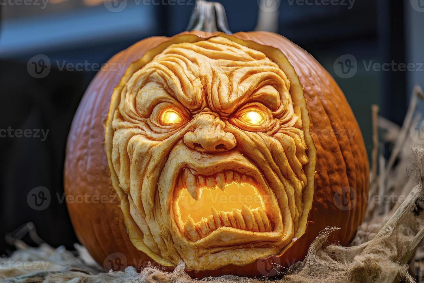 Carved Pumpkin with Scary Face and Glowing Eyes for Halloween Night photo