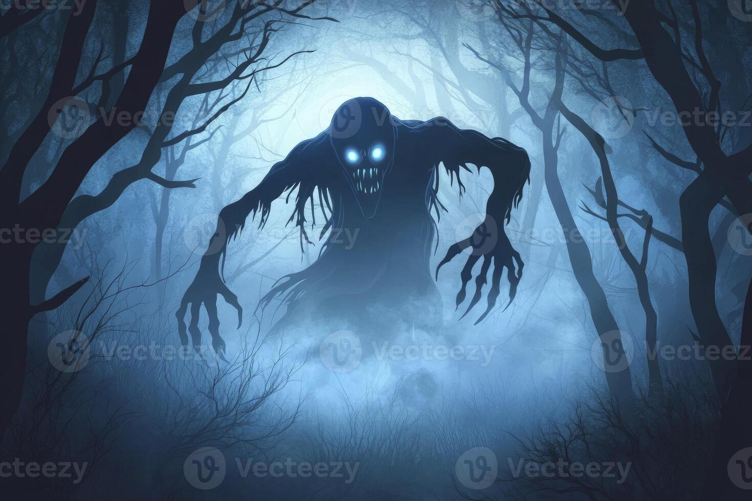Eerie Monster Emerging From Foggy Forest Scene for Halloween photo
