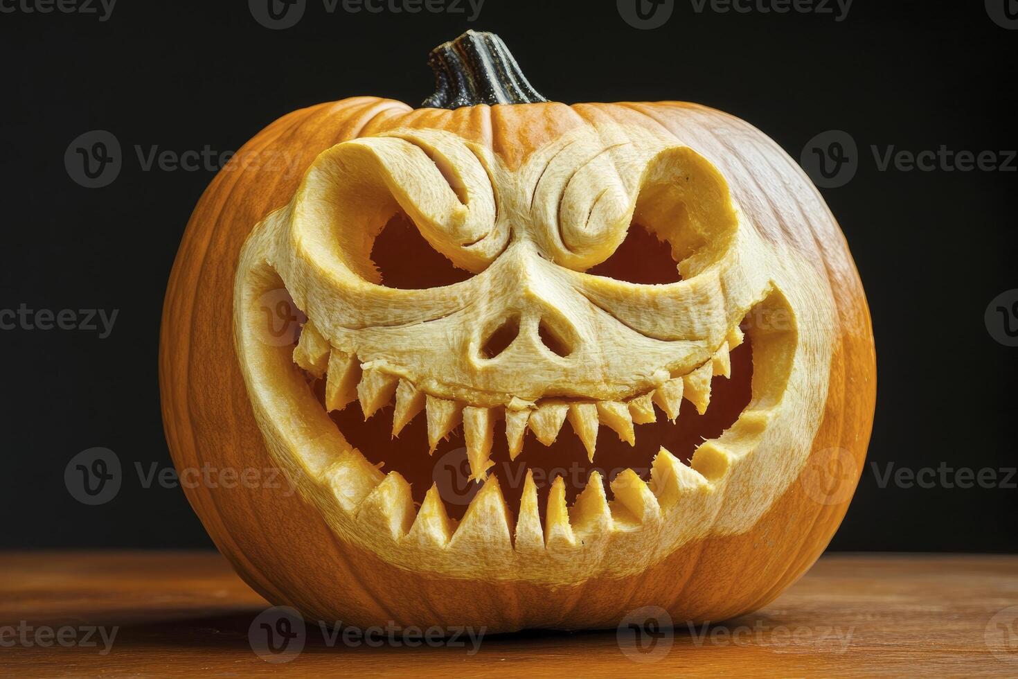 Carved Halloween Pumpkin with Scary Face on Wooden Table Ready photo