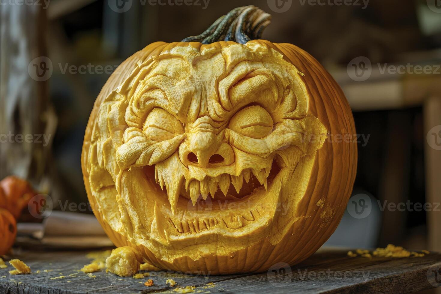 Carved Pumpkin with Scary Face for Halloween Decoration Still Life photo