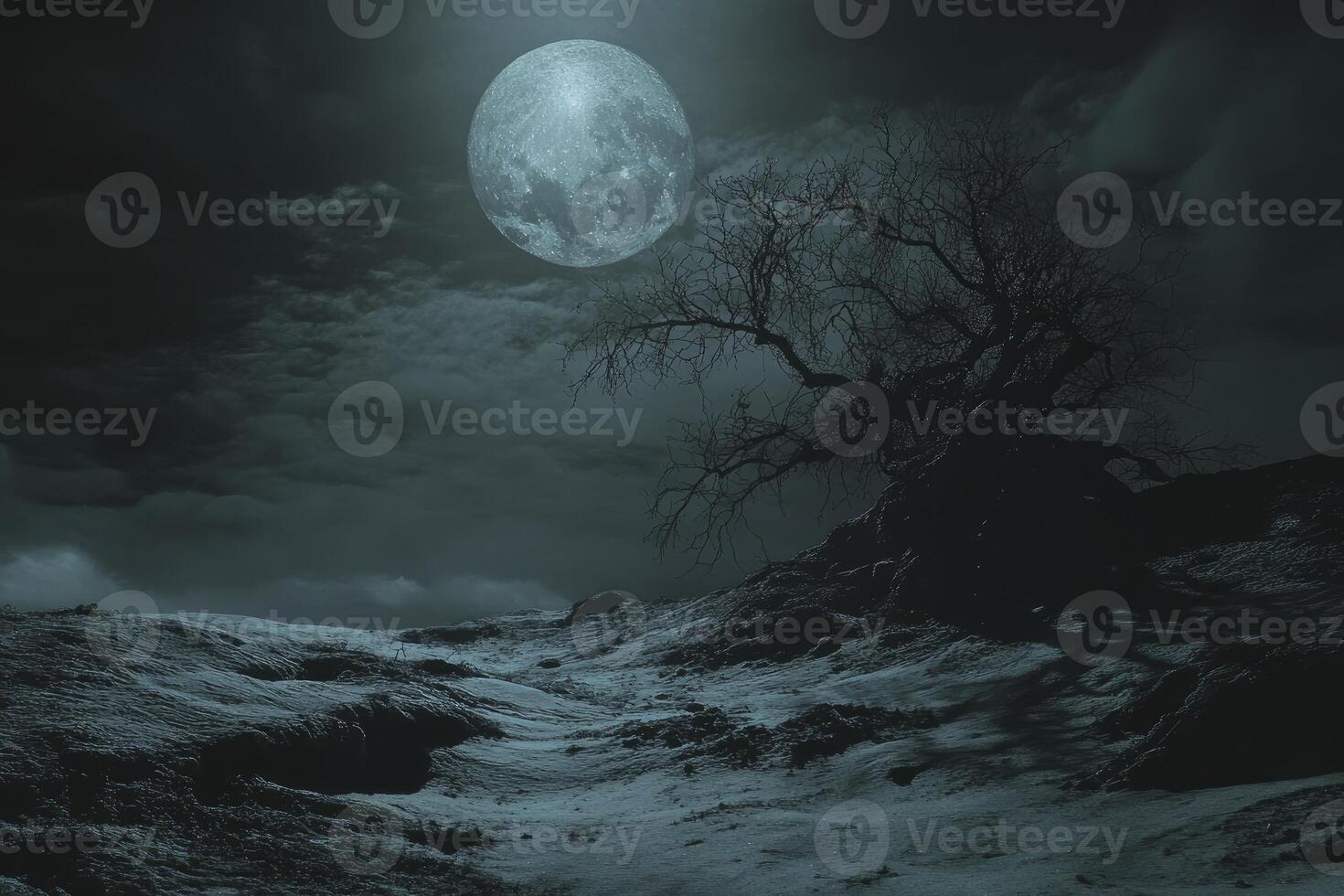 Eerie Night Landscape with Full Moon and Silhouetted Tree photo