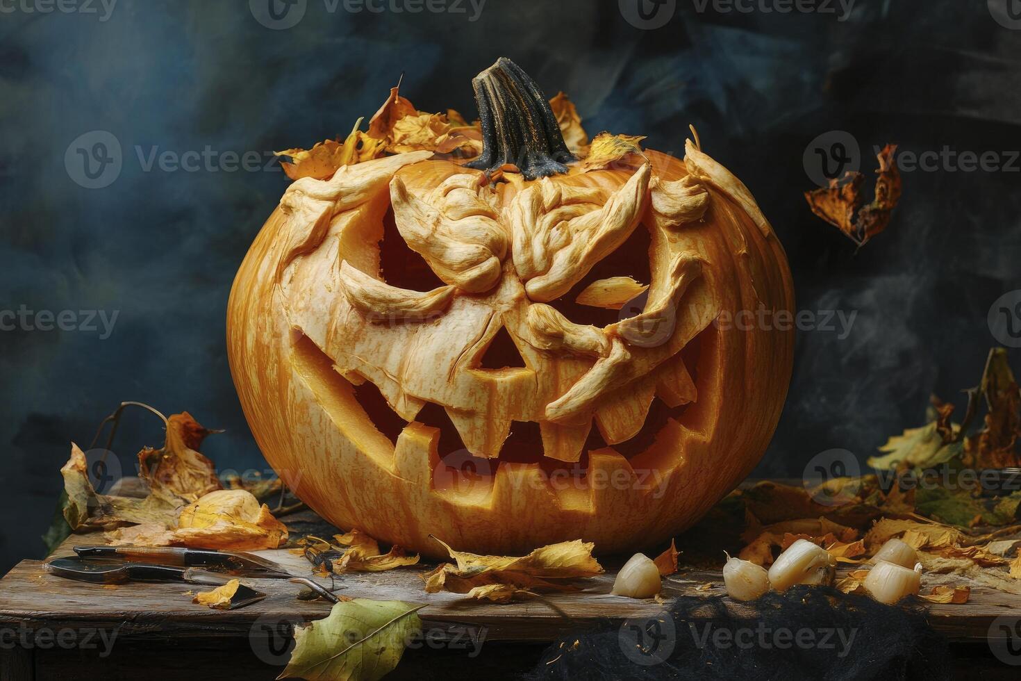 Carved Halloween Pumpkin with Scary Face on Wooden Surface and Dry Leaves photo