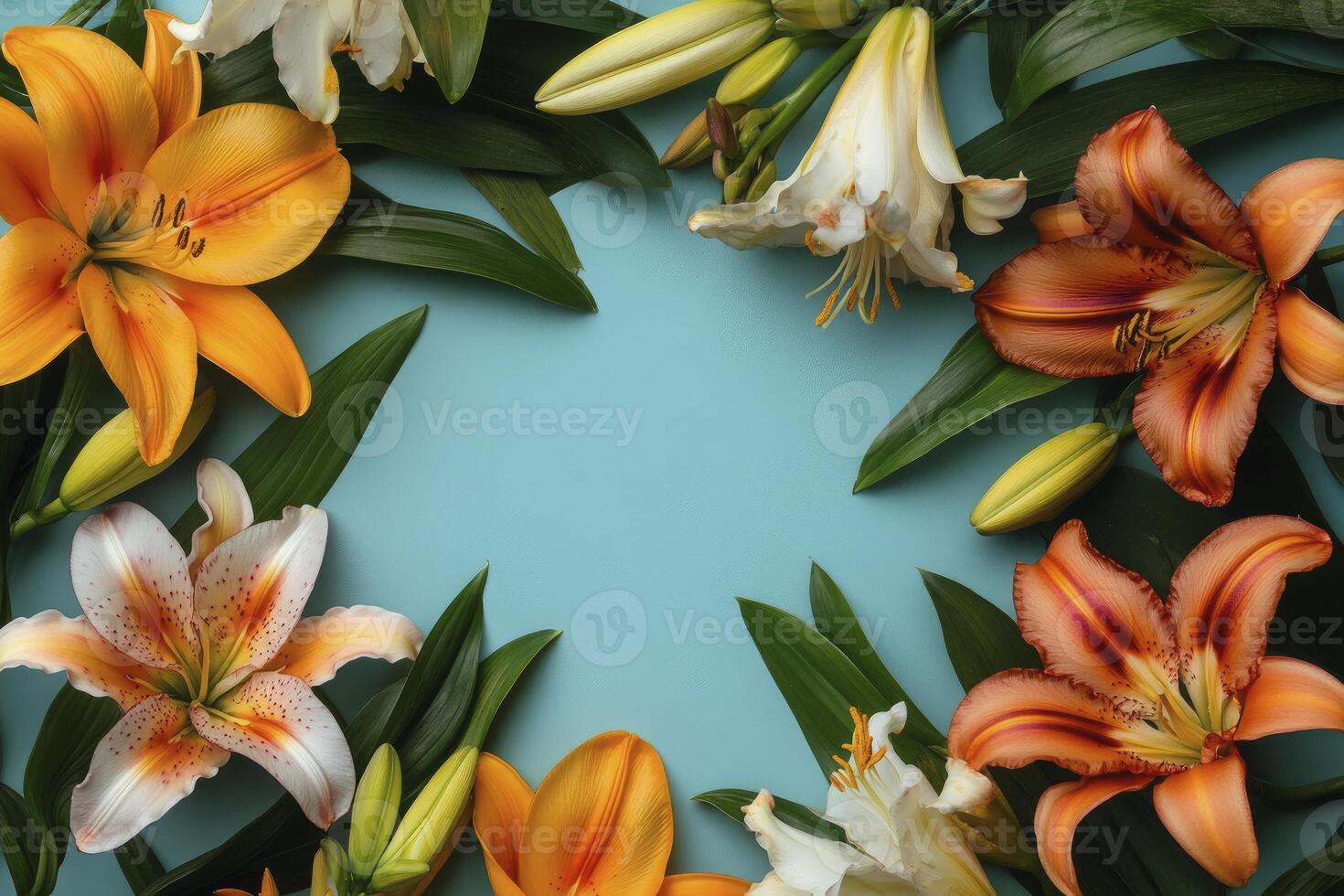 Arrangement of Tiger Lily Flowers and Leaves on Blue Background photo