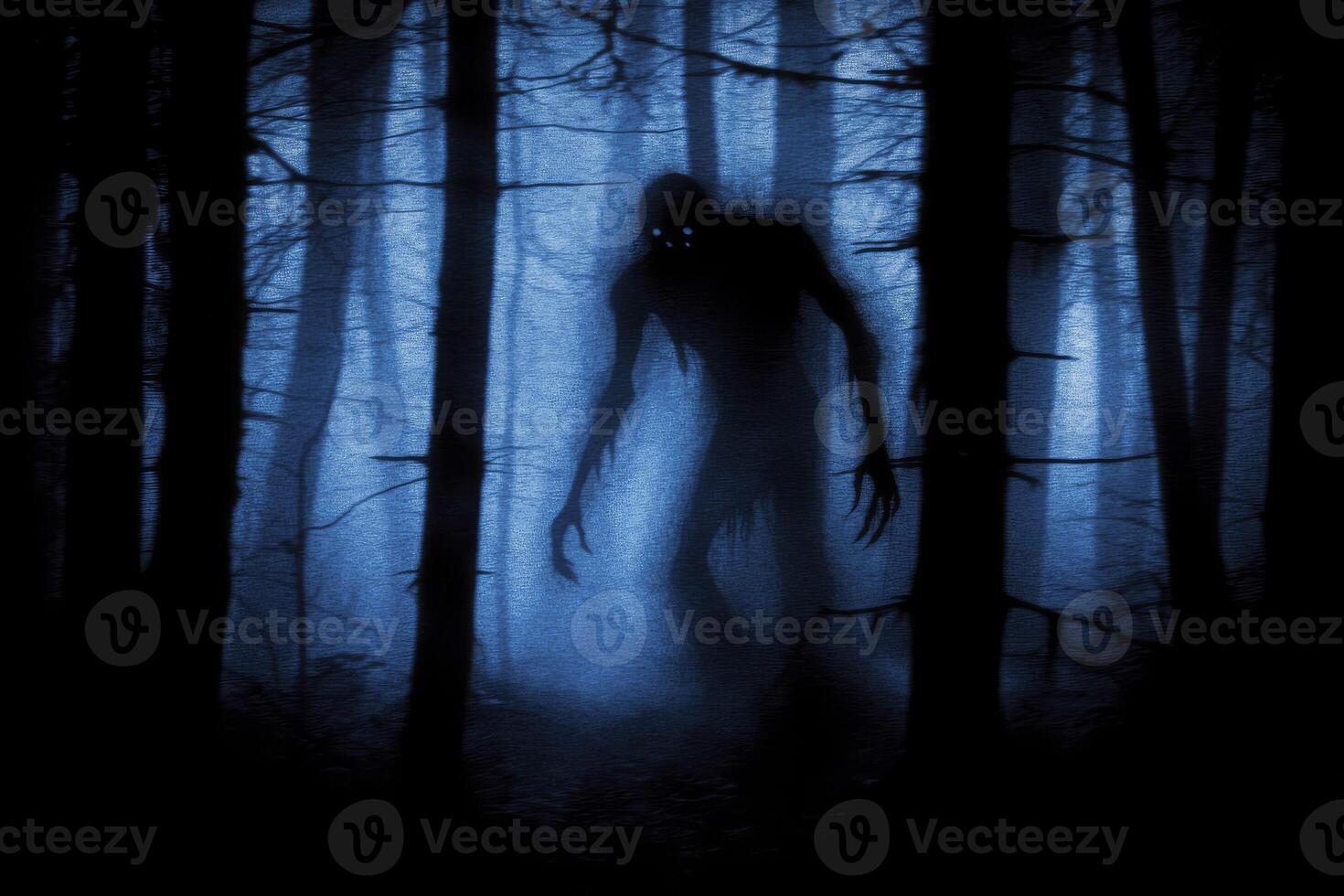 Creepy Monster Silhouette in Forest Fog Creating a Suspenseful Atmosphere photo