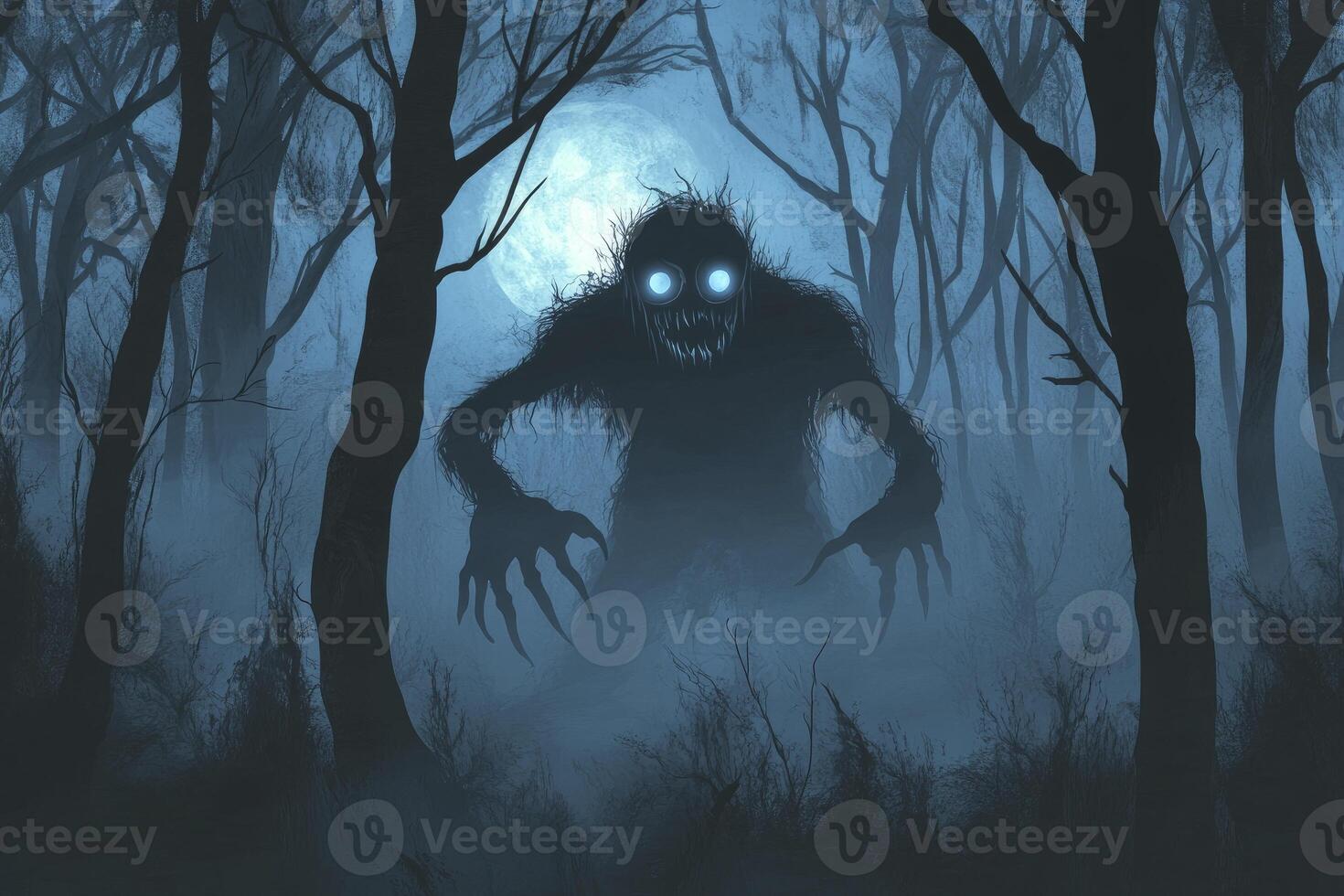 Monster in Dark Woods Illustration Glowing Eyes and Sharp Claws photo