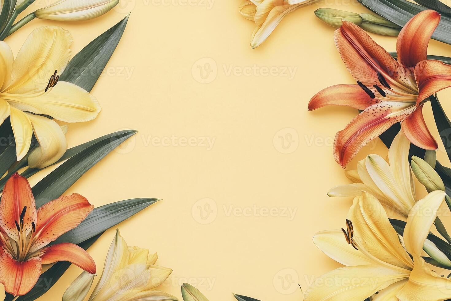 Lily Flower Border on Yellow Background for Spring or Summer Designs photo