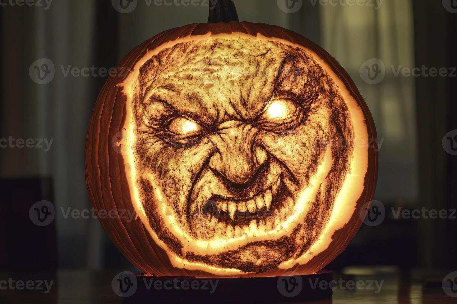 Carved Halloween Pumpkin with Glowing Monster Face for Spooky Holiday photo