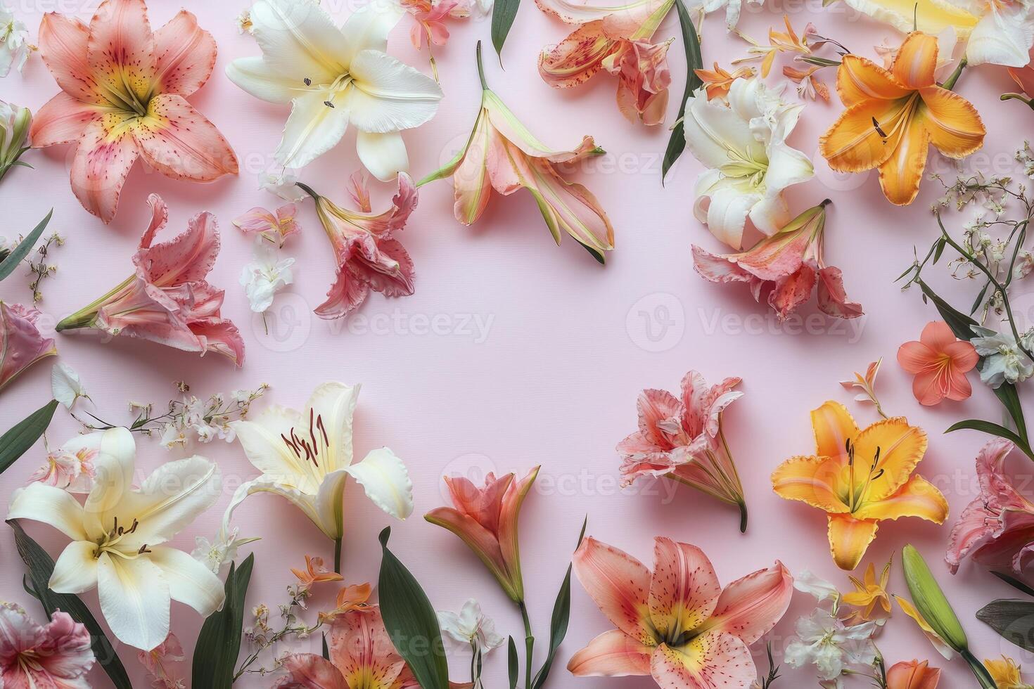 Lily Floral Arrangement on Soft Pink Background Creates Feminine and Romantic Vibe photo
