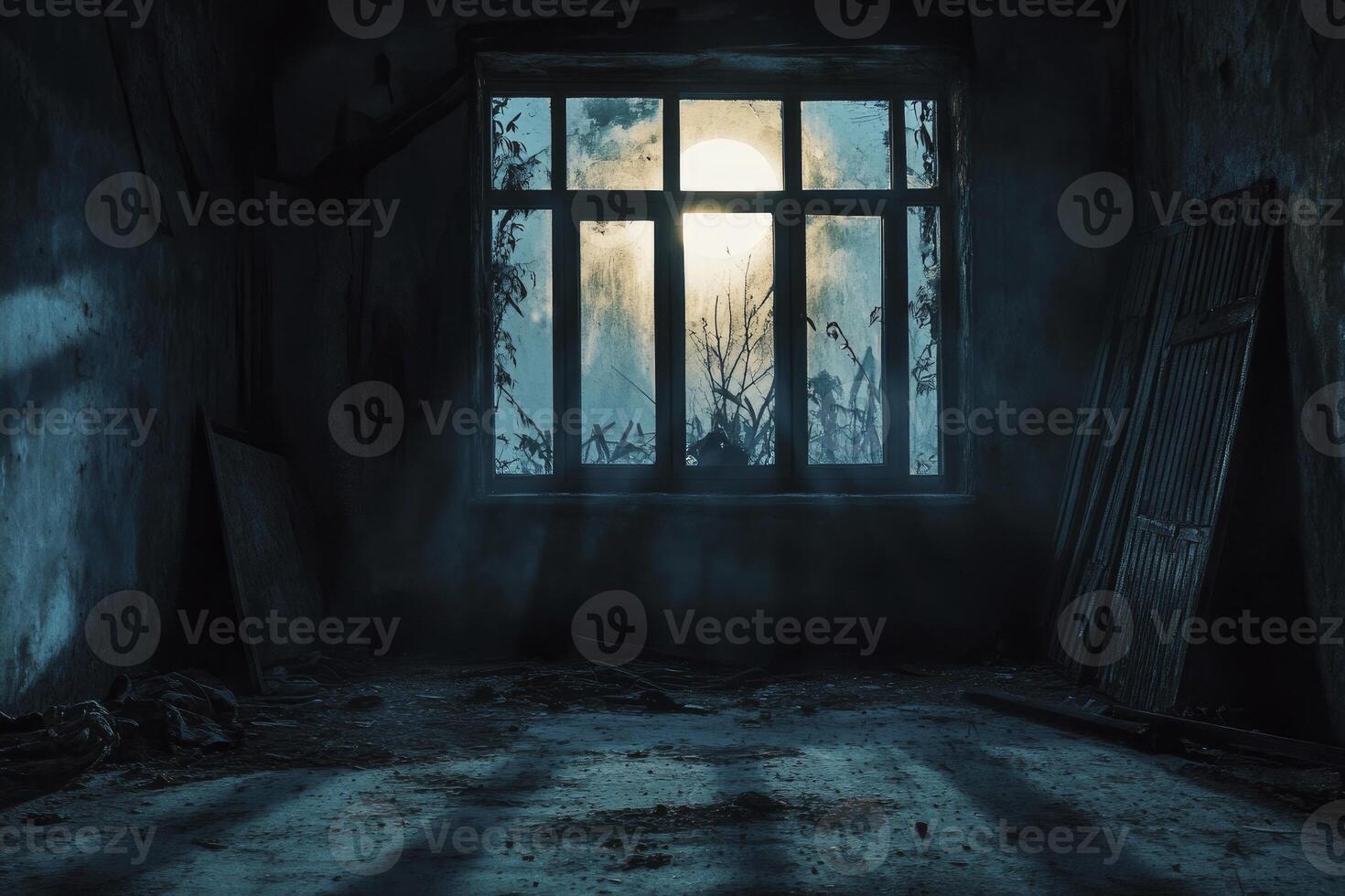 Abandoned Room with Moonlight Shining Through Window Creates Eerie Atmosphere photo