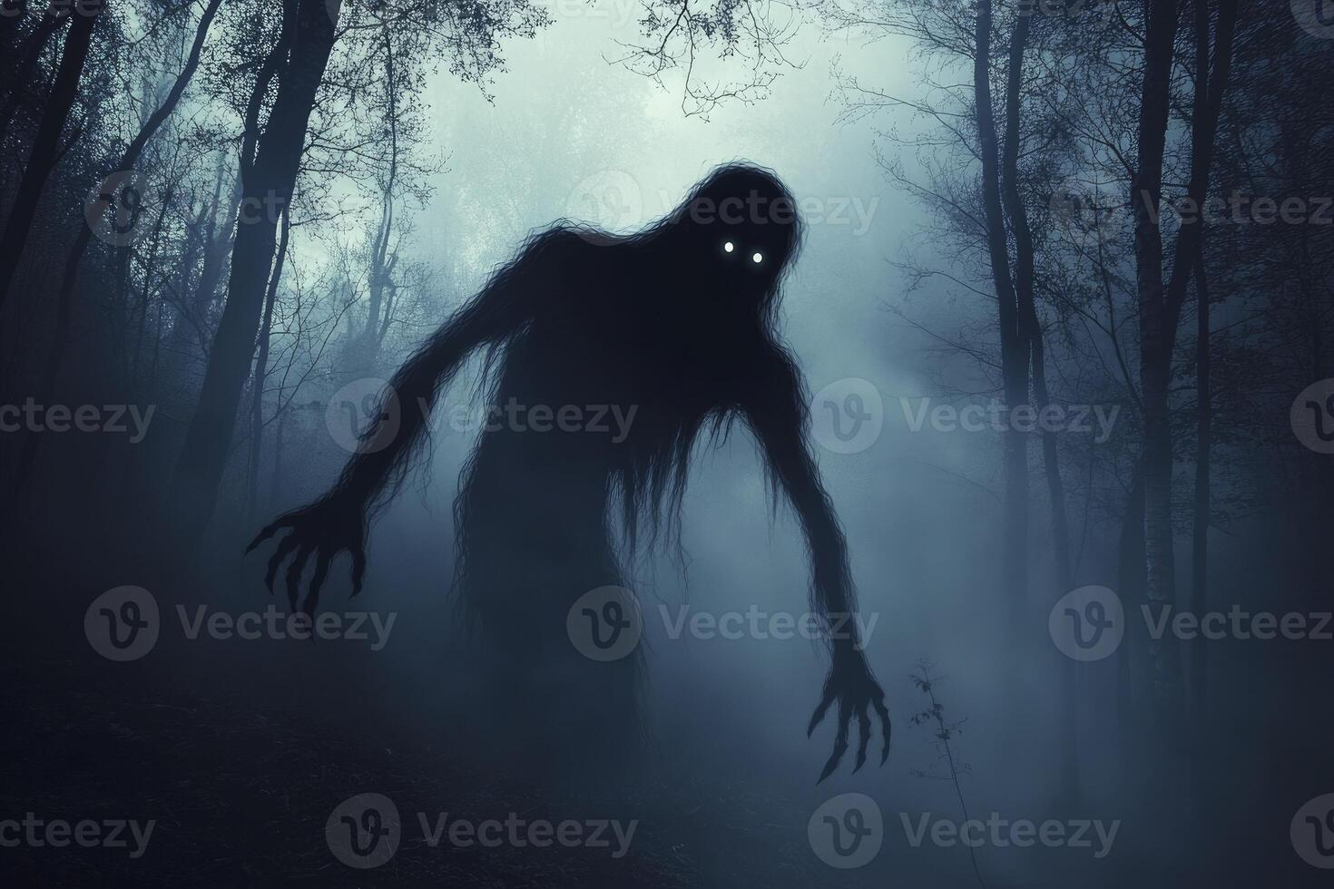 Creepy Monster Silhouette in Misty Forest with Glowing Eyes at Night photo