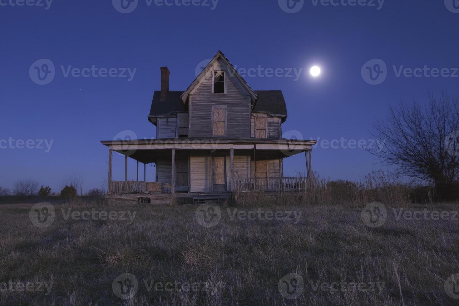 Old Farmhouse Under Moonlight Dramatic Rural Night Landscape photo