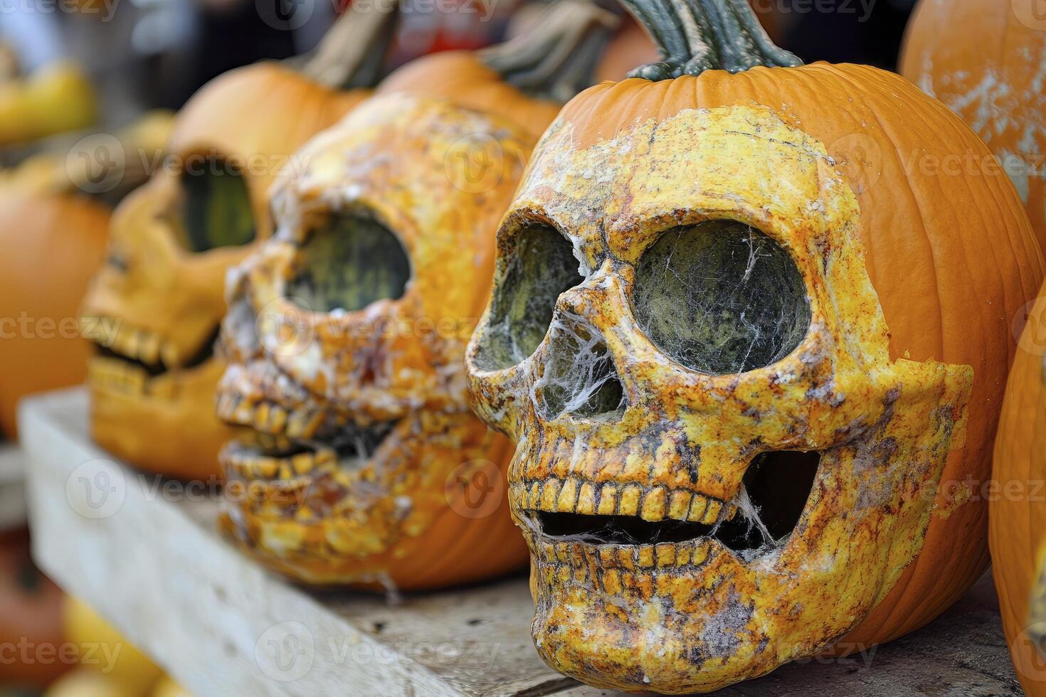Spooky Carved Pumpkin Skulls Displayed for Halloween Holiday Celebration photo