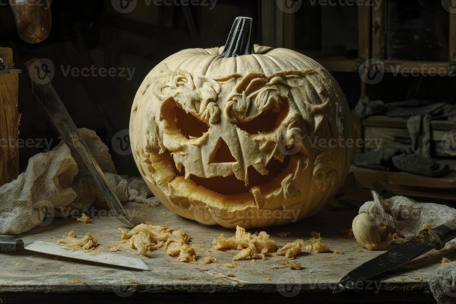 Carved Halloween Pumpkin with Tools on Rustic Table in Workshop photo