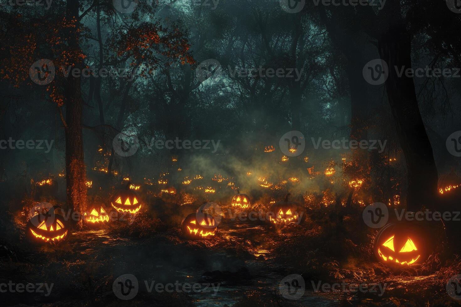 Halloween pumpkins in the forest photo