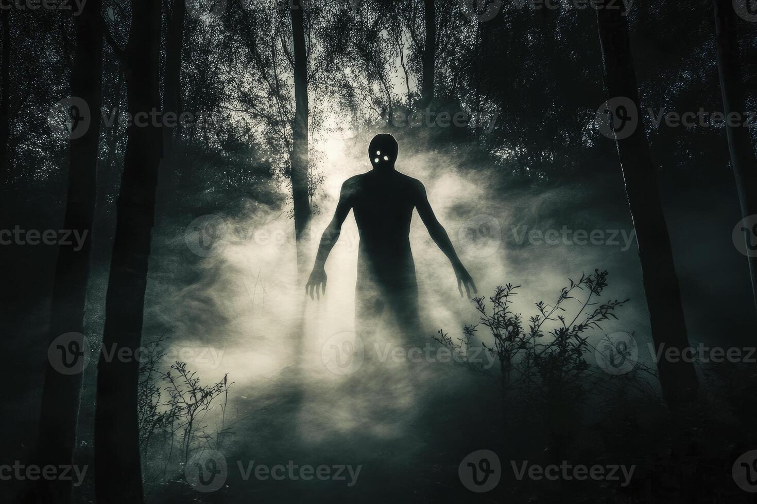 Eerie Figure Emerging From Fog in Dark Forest Scene for Halloween photo