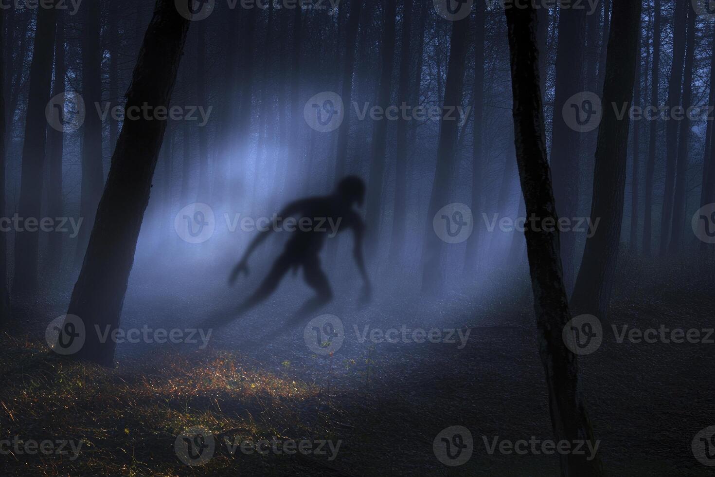 Creepy Creature Walking in Foggy Forest at Night Scary Scene photo