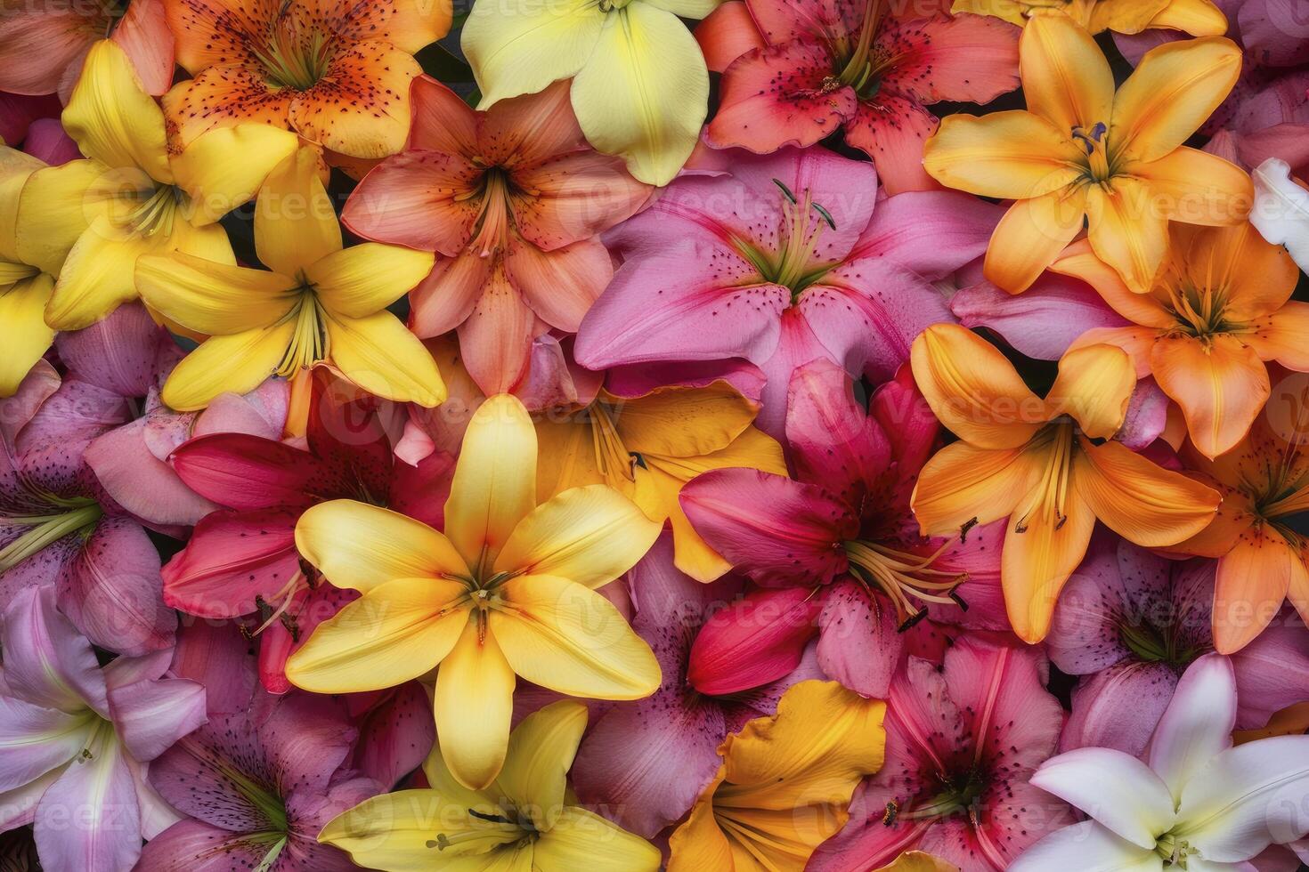 Colorful Lily Flowers Background with Yellow Orange and Pink Blooms photo