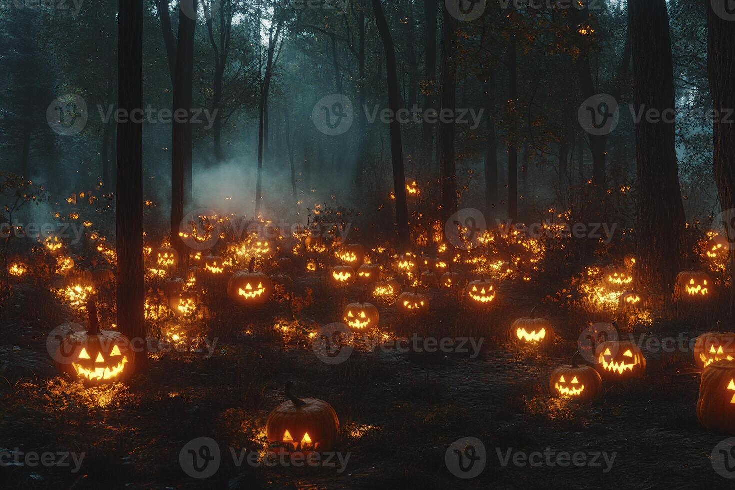 Glowing Jack O Lanterns in Spooky Forest for Halloween Decoration photo