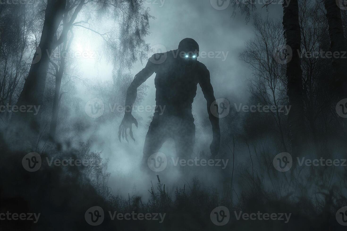 Monster Emerging From Foggy Forest with Glowing Eyes in the Darkness photo