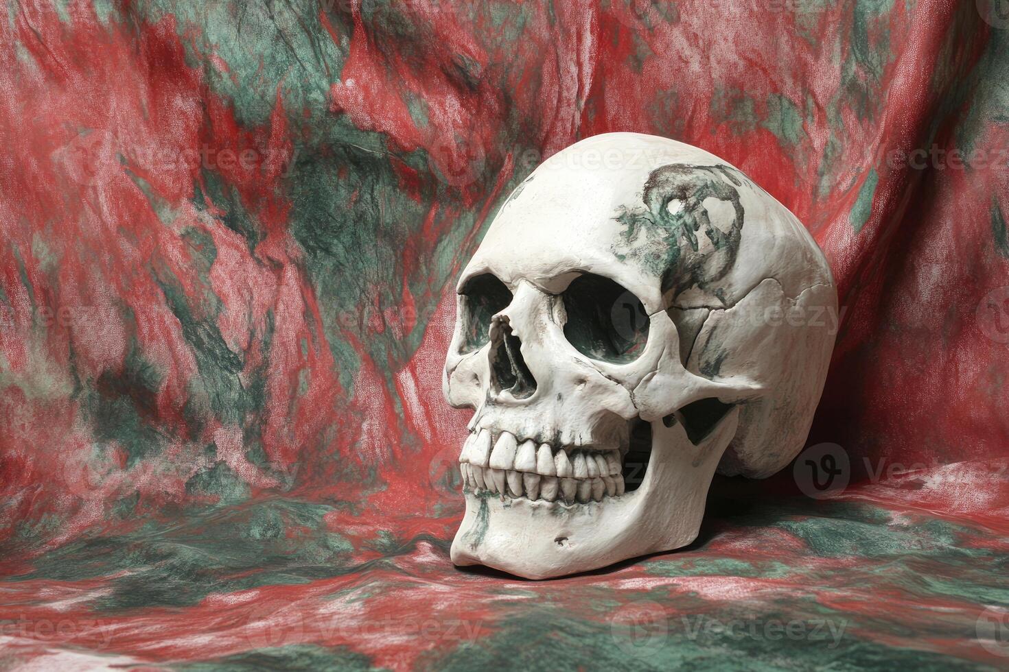 Detailed Human Skull with a Dragon Tattoo on Colorful Textile Background photo