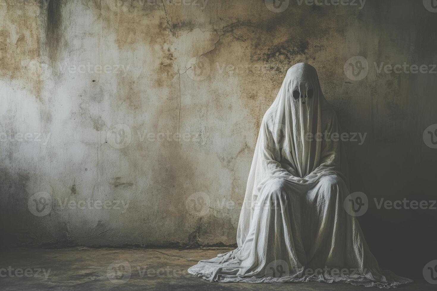 Sitting Ghost Figure Covered with White Sheet Against Textured Wall photo