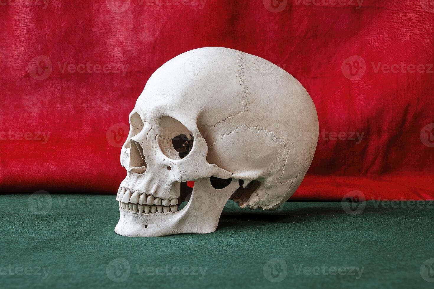 Human Skull Side View on Red and Green Background Still Life photo