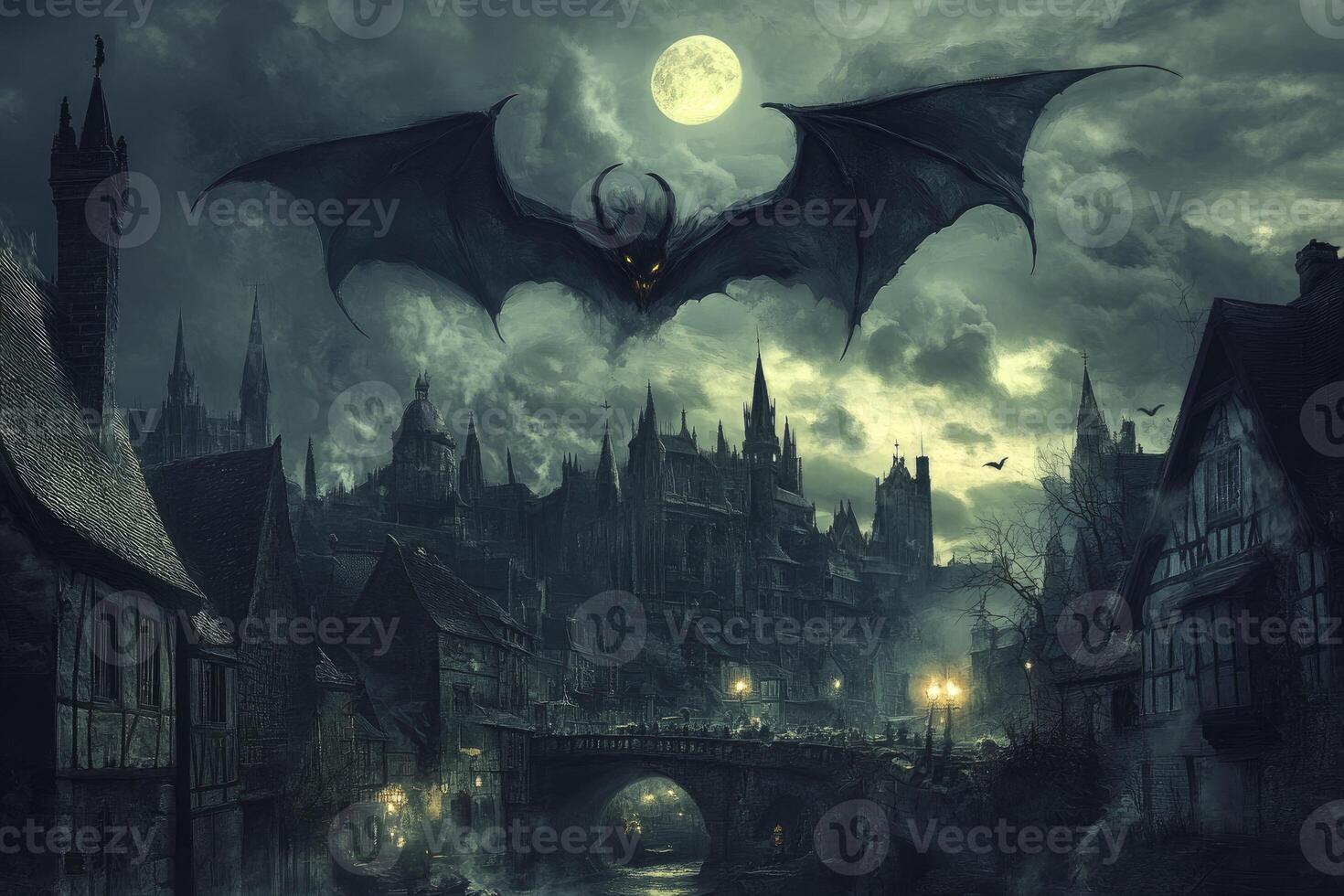 Giant Bat Flying Over Dark Cityscape Under Full Moon at Night photo