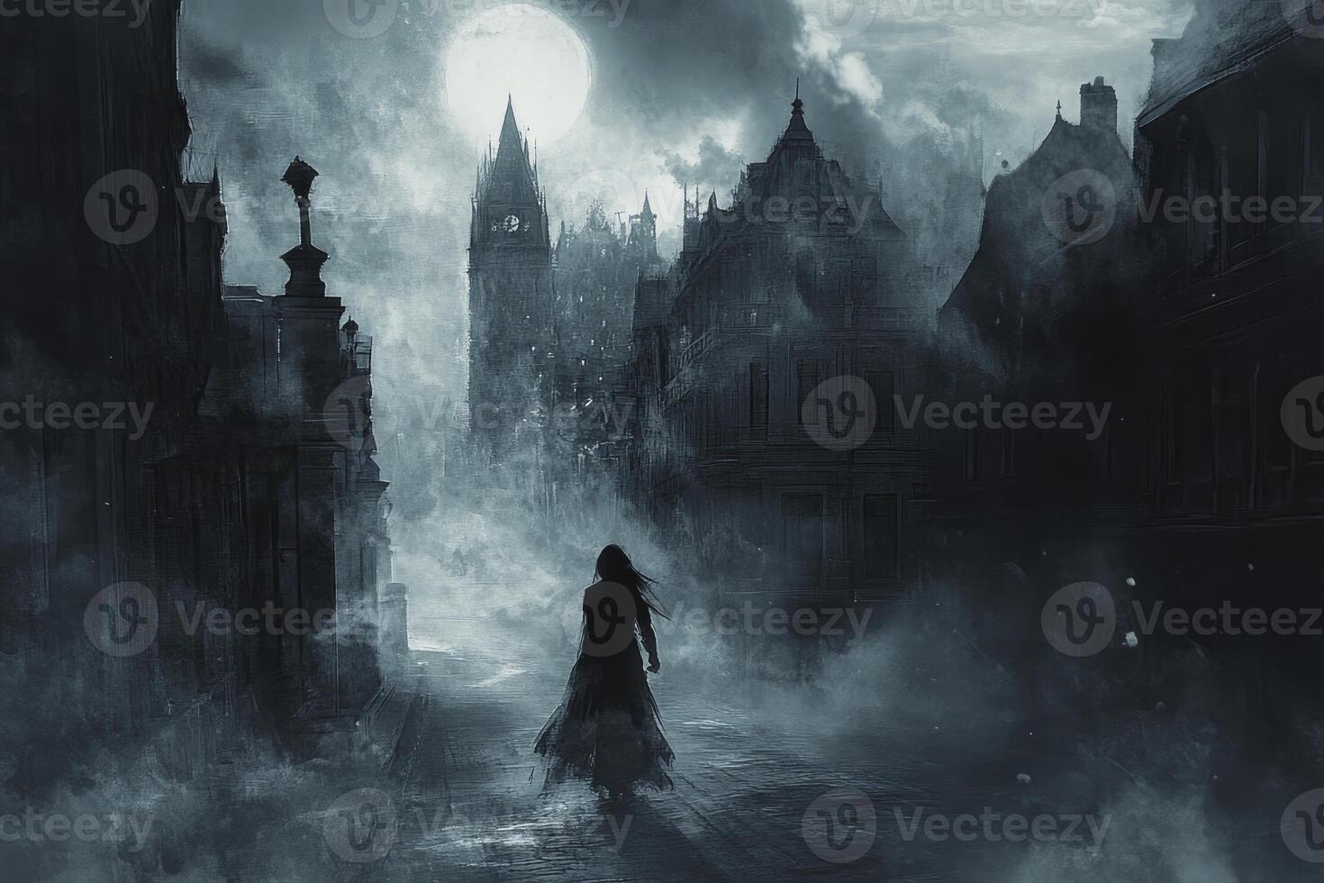 Woman Walking on Misty Street in Spooky Town Under the Moonlight photo