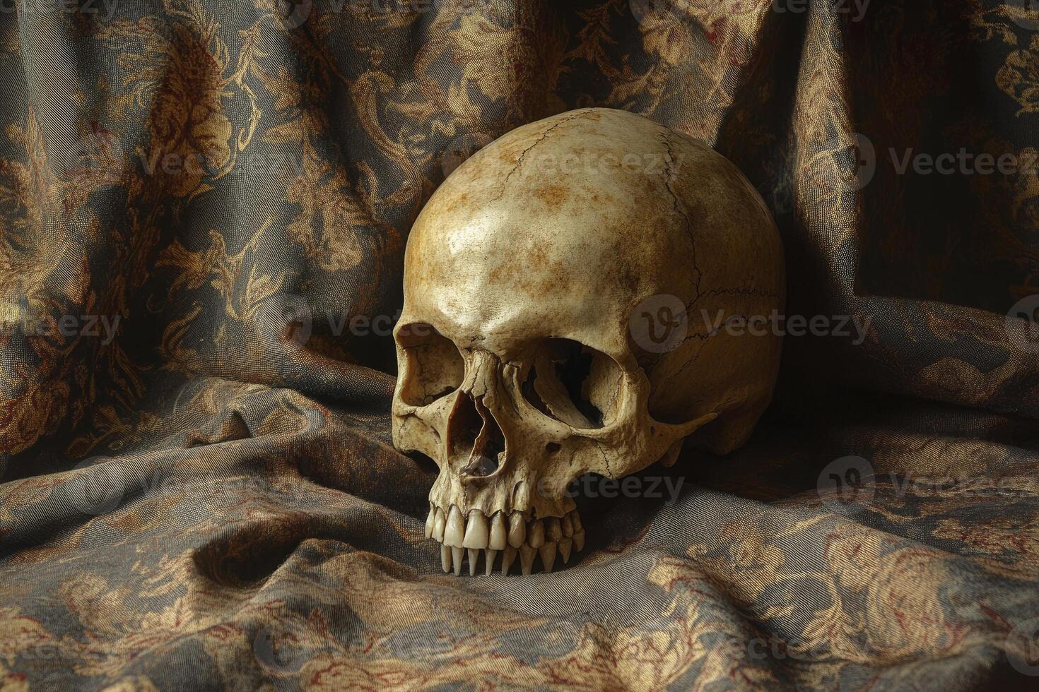 Human Skull Still Life on Ornate Fabric for Macabre Halloween Display photo