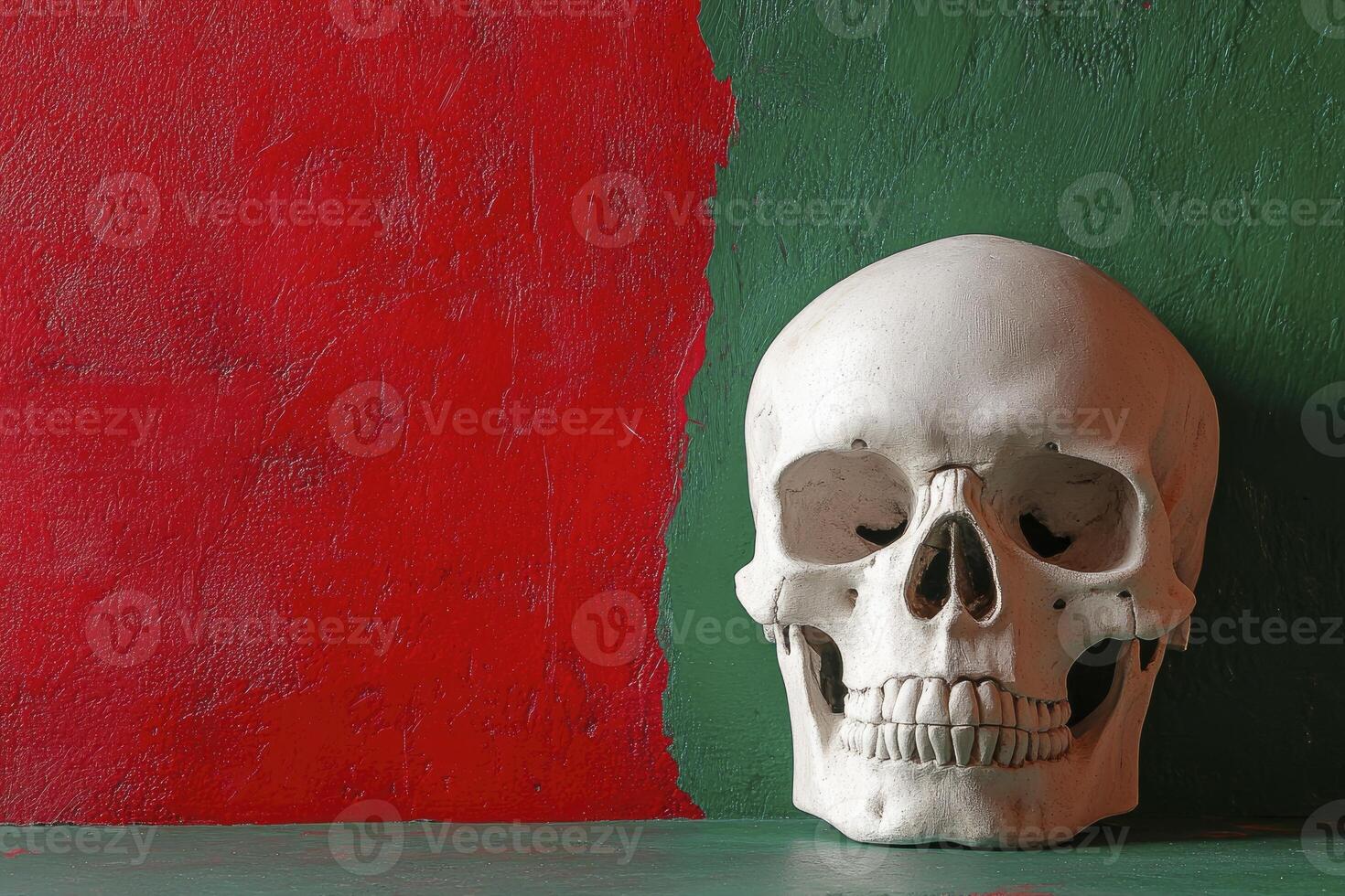 Skull Still Life with Red and Green Textured Background photo