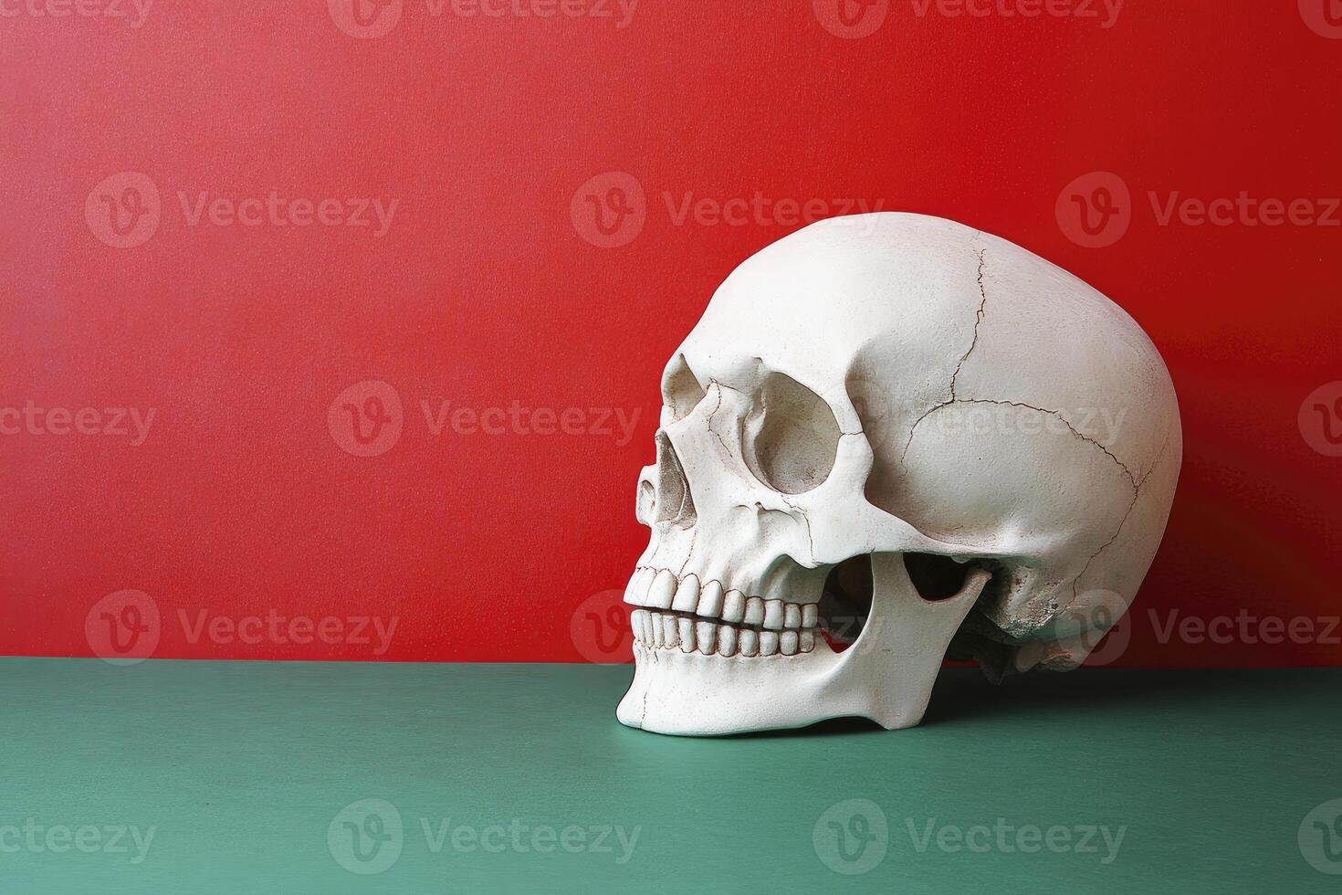 Human Skull Against Red Backdrop for Halloween and Gothic Concepts photo